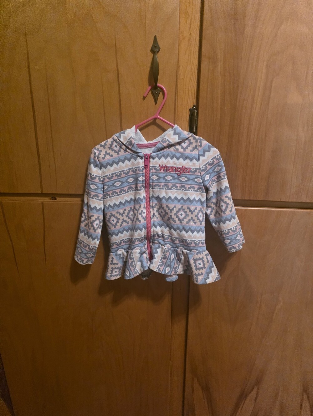 Wrangler Girls' Blue & Pink Patterned Zip Hoodie with Ruffle Hem